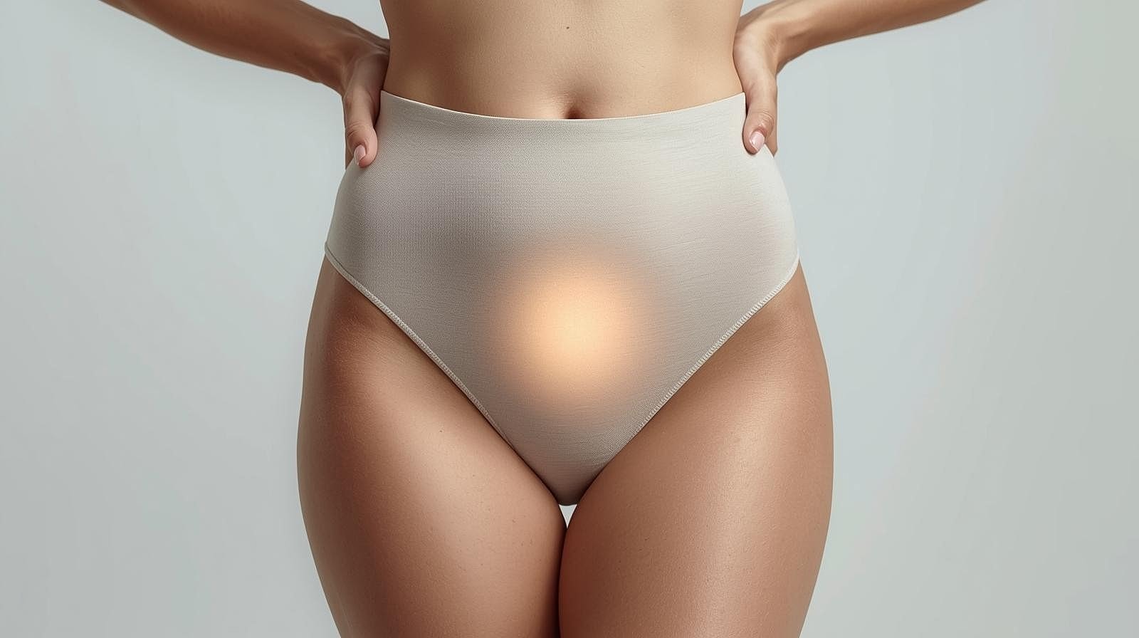 Model wearing high-waisted undergarments in neutral tone.